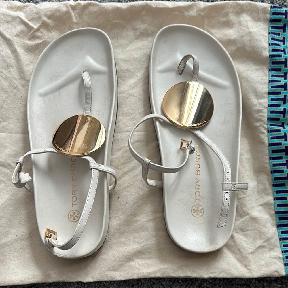 Tory Burch White Sandals with Gold Accents